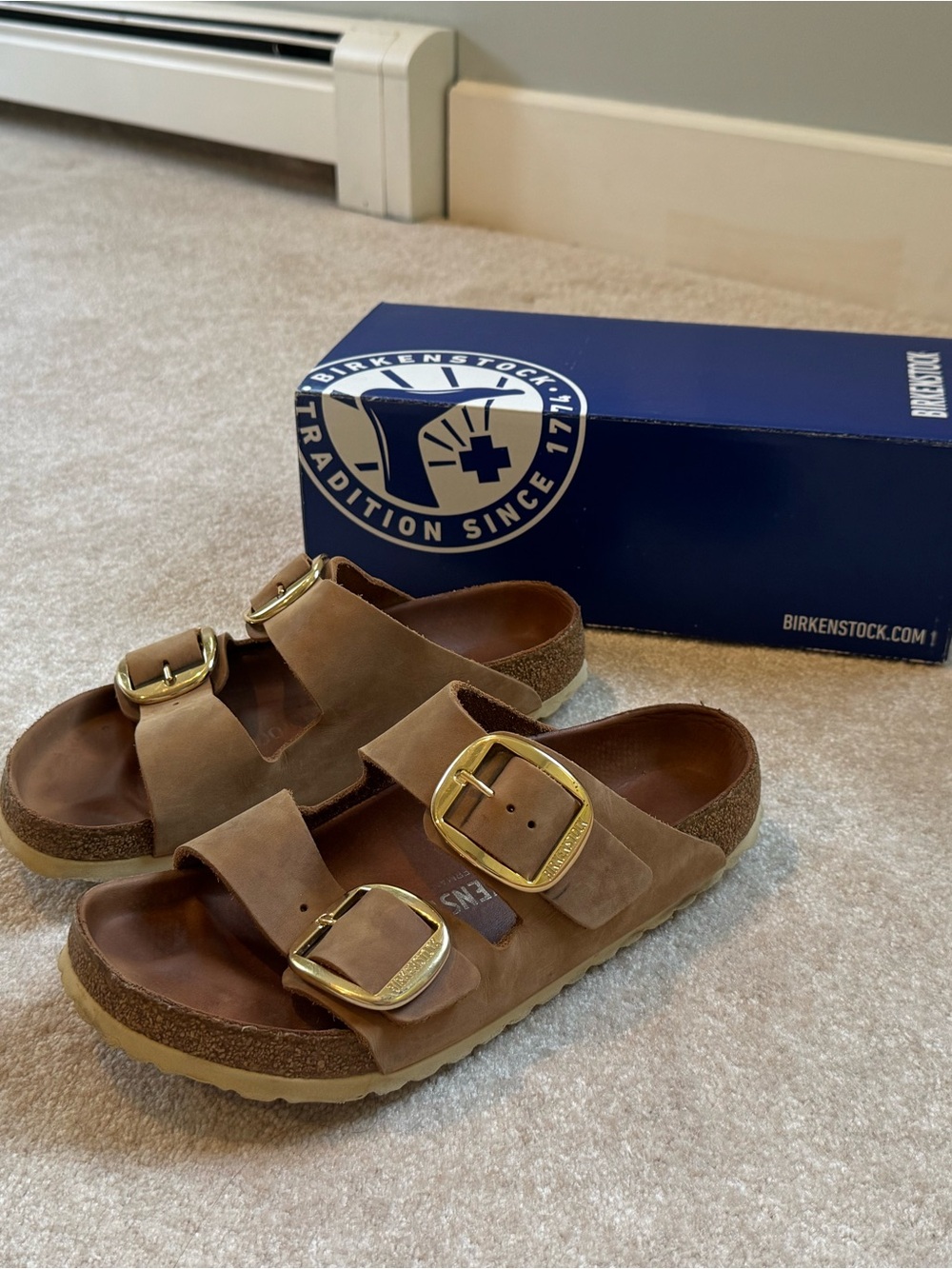 Birkenstock Arizona Sandal in Brown with big Gold Buckles